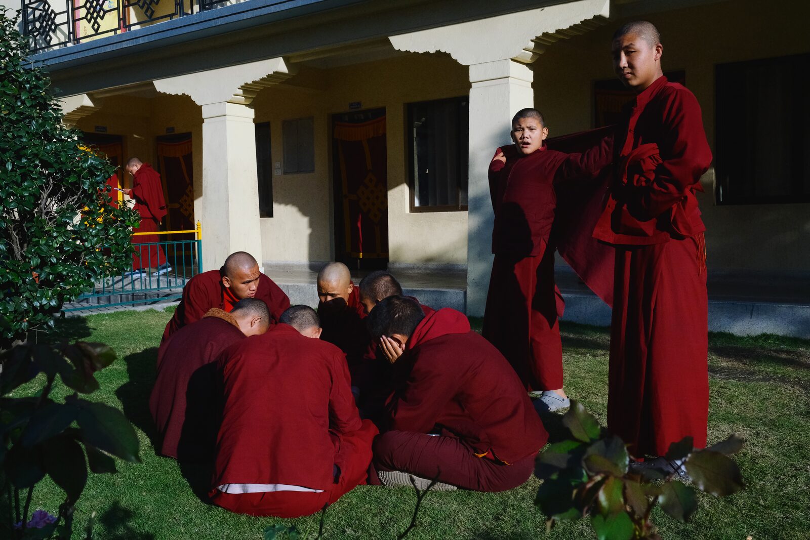 Young monks in maroon robes gathered on a lawn before a colonnaded building — Angelo for ZELZAL