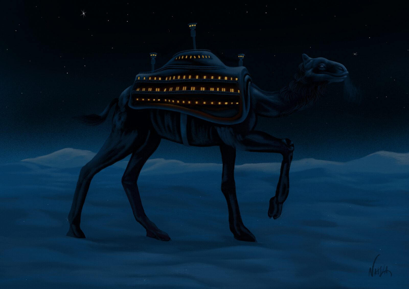Illustration of a camel carrying a lit structure across a blue night desert — Jihane Boufous (NAMLA) for ZELZAL