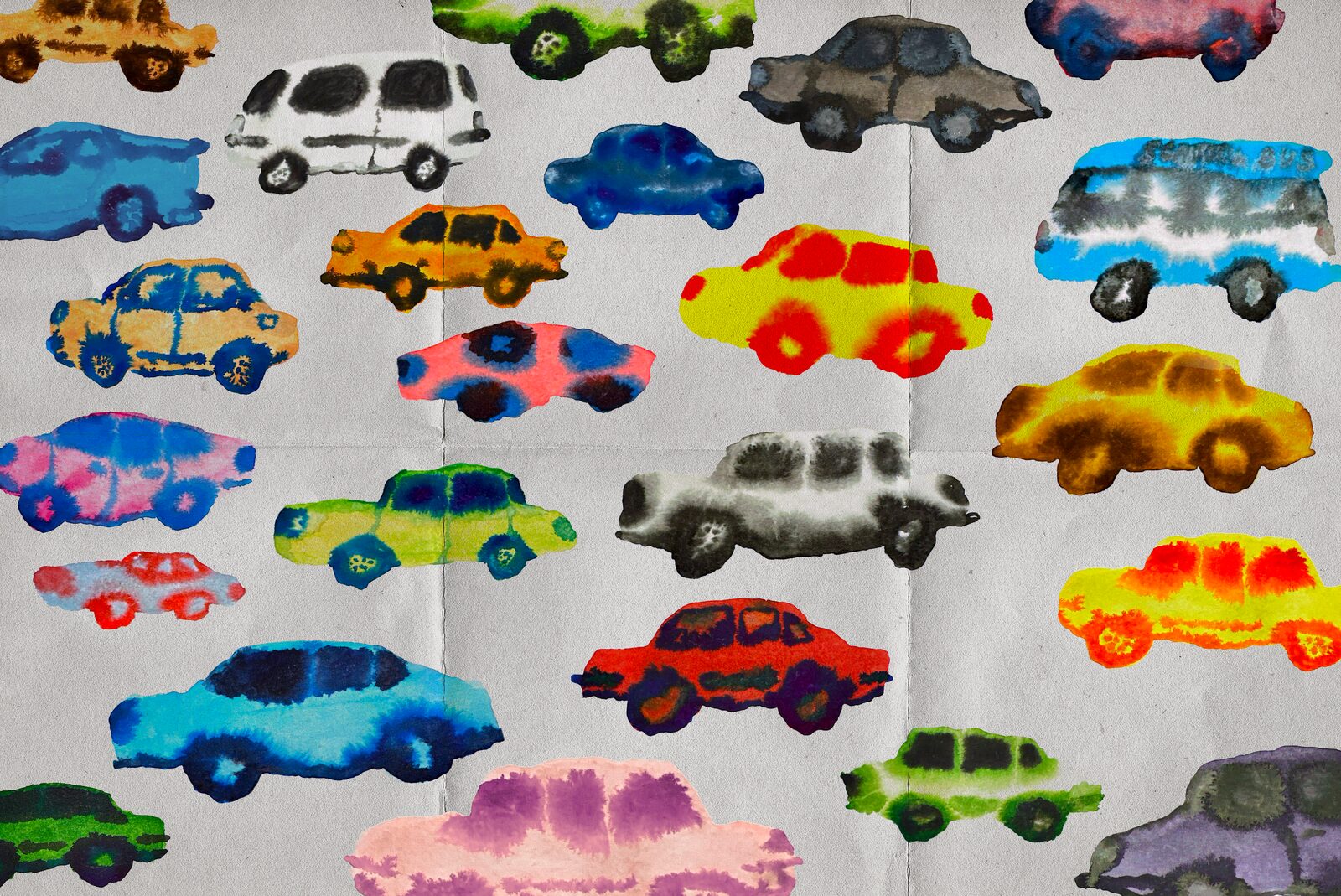 Pattern of brightly coloured watercolour cars — Jules Bakhos for ZELZAL