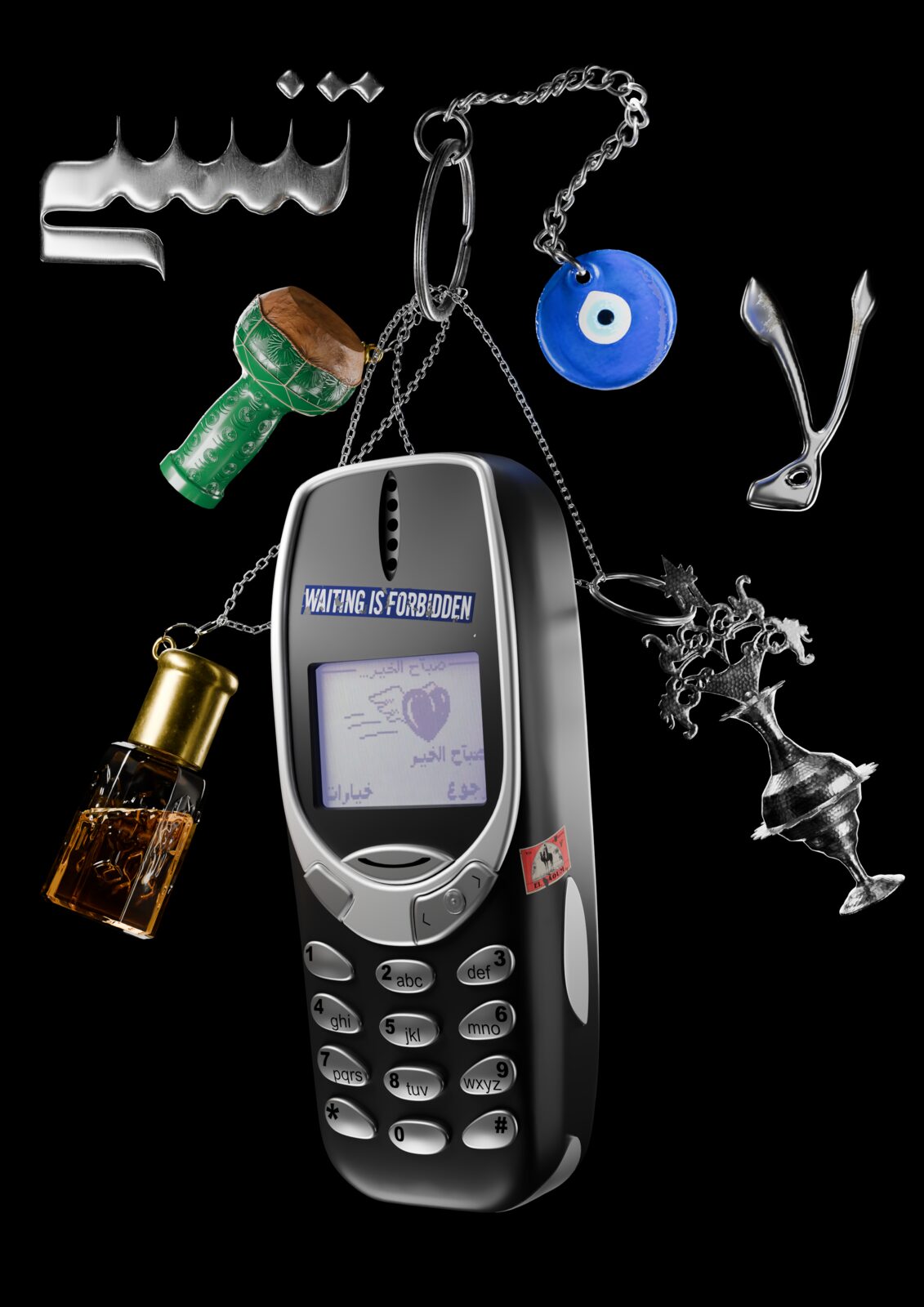 3D artwork of a Nokia phone surrounded by floating charms on black — NAWRES for ZELZAL