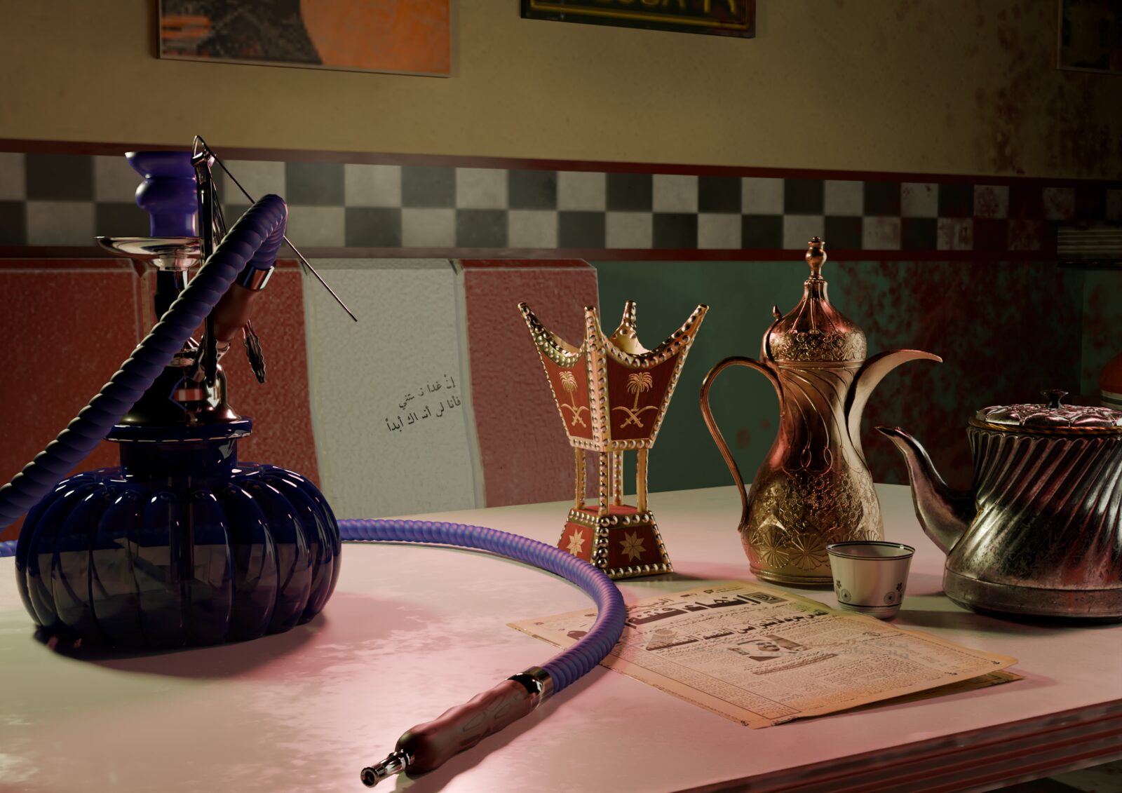 3D still life of a shisha pipe and Arabic coffee pots — NAWRES for ZELZAL