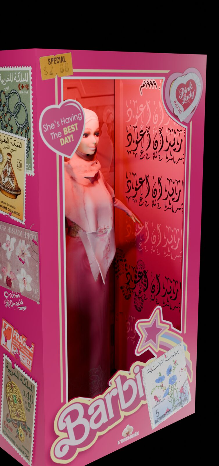 3D artwork of a veiled doll in a pink Barbie box — NAWRES for ZELZAL
